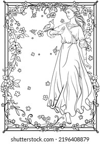 Niña con un pájaro en un marco floral dibujo lineal de vector blanco y negro. Para colorear libros. Graciosa ilustración.