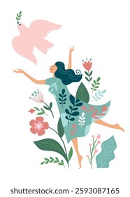  A girl with bird and with flowers, vector illustration on the theme peace, happiness, dream and love