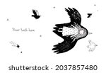 A girl and a bird are flying across the sky. A fairy tale about a sad mood. 
Hand drawing isolated objects on white background. Vector illustration. 