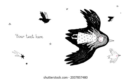 A Girl And A Bird Are Flying Across The Sky. A Fairy Tale About A Sad Mood. 
Hand Drawing Isolated Objects On White Background. Vector Illustration. 