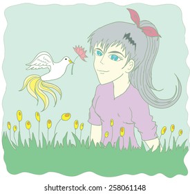 girl and bird vector