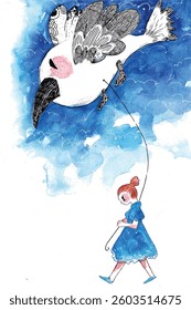 Girl with a bird in watercolor