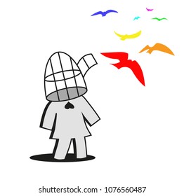A girl with a birdcage instead of a head.  Colored birds fly out of the cage.  Vector illustration.