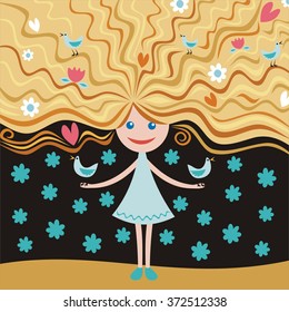 Girl with birds cute cartoon vector illustration