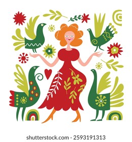 Girl with birds, decorative floral illustration