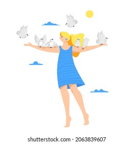 the girl with the birds. the dove of peace. flock of birds. vector image of a woman with birds