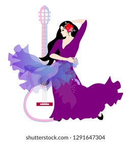 The girl and the birds. Spanish flamenco dancer with guitar and  a bird-shaped shawl isolated on white background.