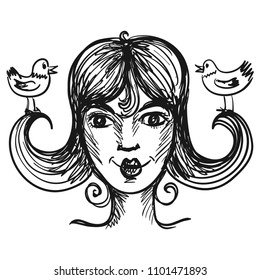 Girl with birds. Vector illustration