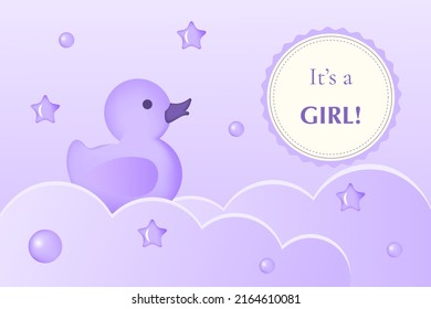 Girl birthday 3D. It's a girl. Cartoon clouds, duck toy on pastel purple background. Baby shower horizontal banner. Vector illustration