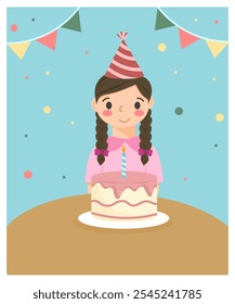 menina com bolo de aniversário. bolo de aniversário com fundo de criança, ilustração de cartão de aniversário