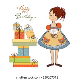 girl with birthday cake, illustration in vector format