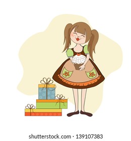 girl with birthday cake, illustration in vector format