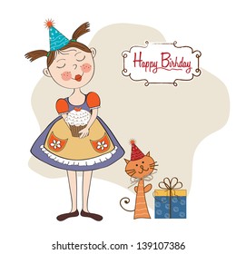 girl with birthday cake, illustration in vector format