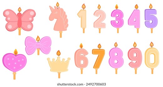 Girl birthday candles set in pink colors, number candles, different shapes. Flat vector illustration isolated on white background