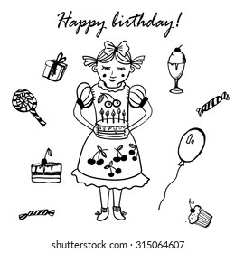 girl and birthday card set of doodle elements vector illustration