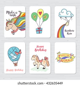 Girl birthday cards set with unicorns, rainbows etc. Hand drawn journal cards set. Vector vintage journal cards set.