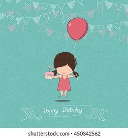 Girl with birthday cupcake background, drawing by hand vector