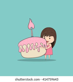 Girl with birthday cupcake, drawing by hand vector