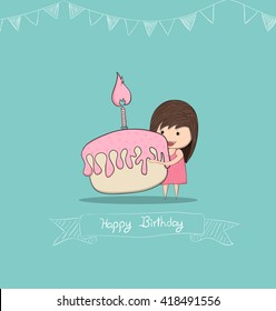 Girl with birthday cupcake, drawing by hand vector