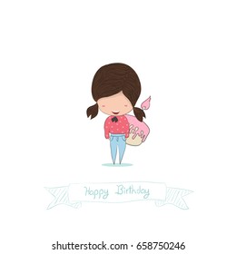 Girl with birthday cupcake, drawing by hand vector