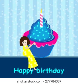 Girl with birthday cupcake-Vector illustration 