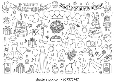 Girl birthday doodle set on white background. Vector objects and elements for birthdays, quinceanera, party and graduation ball. Coloring page.