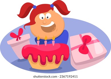 Girl with birthday gifts, illustration, vector on a white background.