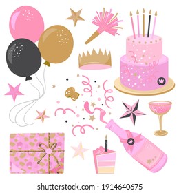 Girl Birthday Party Essentials Set With Pink Cake, Balloons, Champagne Bottle, Gift Box, Gold Crown, Party Popper, Confetti And Stars.  Cartoon Style. Stickers.