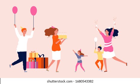 Girl birthday party. Family festive, happy people with gifts, balloons and cake. Parenthood and friendship, children and adults vector illustration