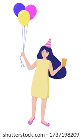 Girl at Birthday Party. Kid or Teenager in Birthday Hat With Balloons and Cup in Hands. Young Female Flat Character Isolated on White Background. Celebration Concept