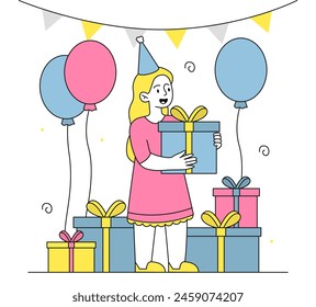 Girl at birthday simple. Kid and child with present boxes and air balloons. Holiday and festival, celebration. Annual event and party. Doodle flat vector illustration isolated on white background