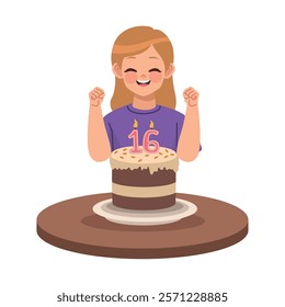 girl and birthday sixteen cake celebration isolated