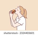 Girl bites cheeseburger with pleasure. Woman eating hambuger. Hand drawn style vector design illustrations.