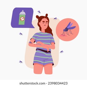 Girl bitten by mosquitoes concept. Woman suffer from insects. Spray for protectin skin. Spring and summer season. Cartoon flat vector illustration isolated on white background