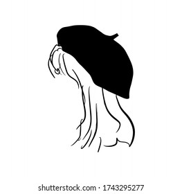 Girl in a black beret and with her hair french style. Vector illustration on white background. For cards, posters, decor, t shirt design, logo.