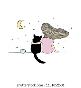 Girl and black cat on the roof.  Vector illustration. 