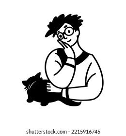 A girl with a black cat. Taking care of pets. Vector doodle illustration