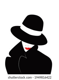 Girl in a black coat and hat. Secretive woman. mystery woman. The girl in black. The lady in the hat. Portrait. Vector illustration.	