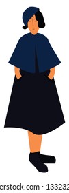 A girl in a black dress, with a blue hat, black shoes and with eyes closed, cartoon, vector, color drawing or illustration.