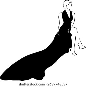 
Girl in black dress for poster. Silhouette of woman. Black and white image. Vector. Isolated on white background