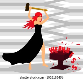 Girl in a black dress smashes the word "weakness" with a sledgehammer