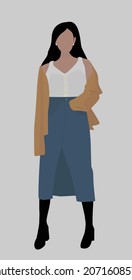 A girl with black flowing hair. Vector flat illustration with gray background. Lady in a cardigan, a long denim skirt, a blouse and black. Design for avatars, cards, templates, textiles.