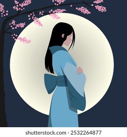 Chica con el pelo negro en un kimono azul contra el fondo de una luna Grande y Sakura