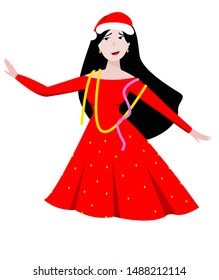 Girl with black hair celebrates New Year and Christmas in a red dress. Stock vector illustration on a white background. Cartoon style.