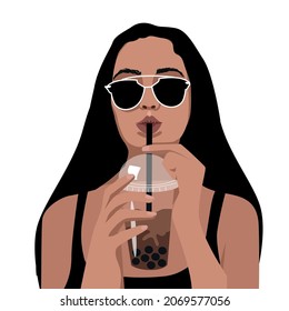 Girl with black hair drinks bubble tea cocktail