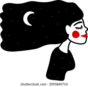 girl with black hair. The girl has a starry sky and a moon in her hair.