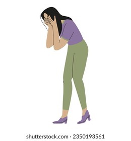 The girl with black hair is leaning over and crying, covering her face with her hands. Severe mental disorder, trauma, emotional instability. Vector illustration isolated on white background.