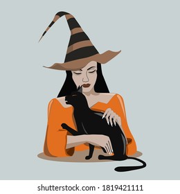 Girl with black hair in an orange dress and a witch hat stroking a black cat Vector illustration on a light background for announcement cards invitation avatar icons