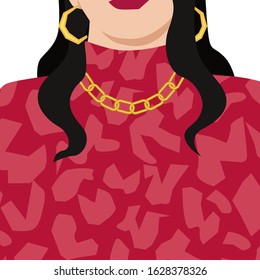 Girl with black hair in red animal print blouse with gold chain and gold earrings vector illustration