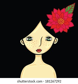 girl with black hair and red flower